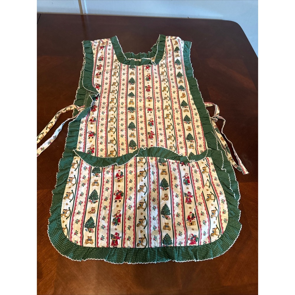 Vintage Christmas Pinafore Apron Santa Tree Teddy Bear Ruffle Green Polka Dot